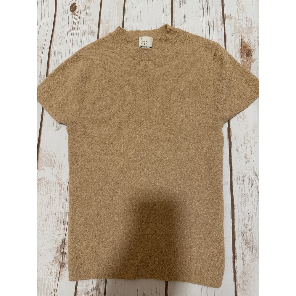 A New Day Women Tan Brown Short Sleeve Textured Knit Sweater Top Size S M